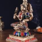 12" Brass Goddess Lakshmi Statue | Meenakari Stonework Divine Murti | Sacred Temple Art